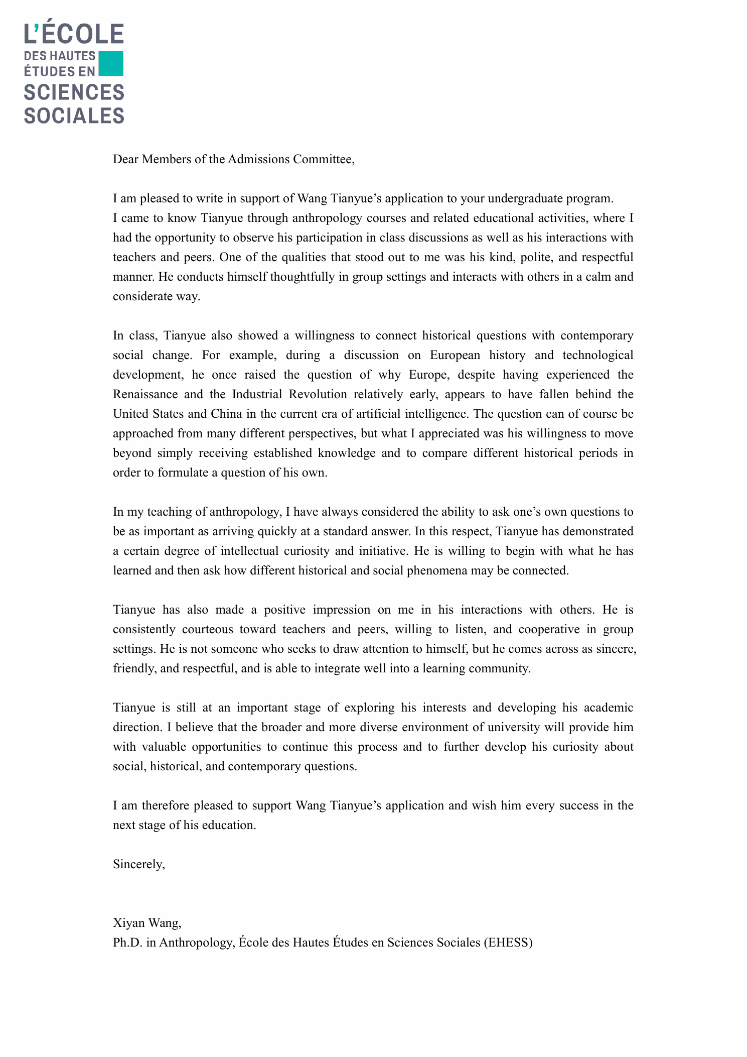 Anthropology recommendation letter for Tianyue Wang